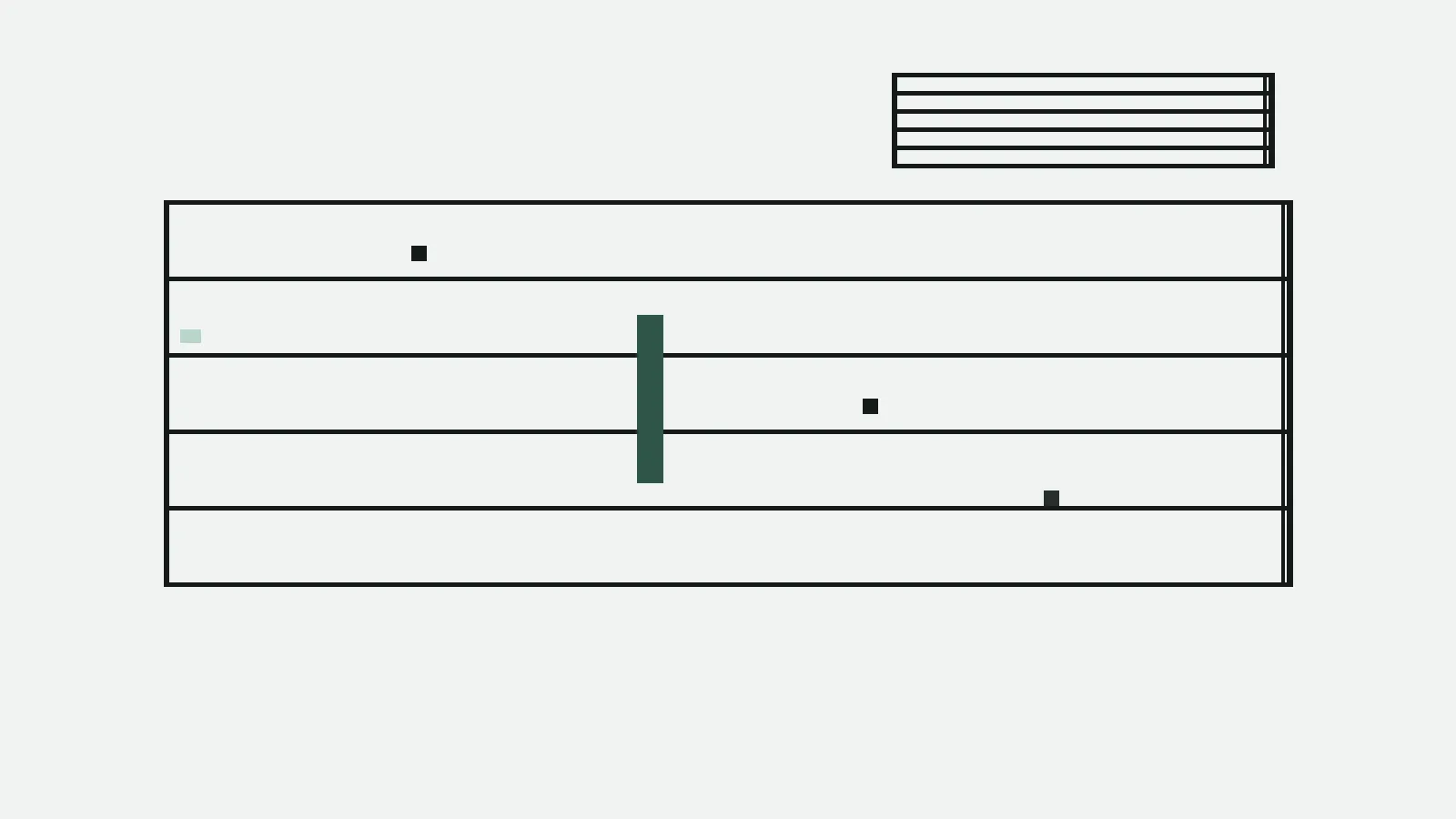 Abstract guitar tabs stave with six flat ink lines, umber fret block, and sand accent on pine paper.