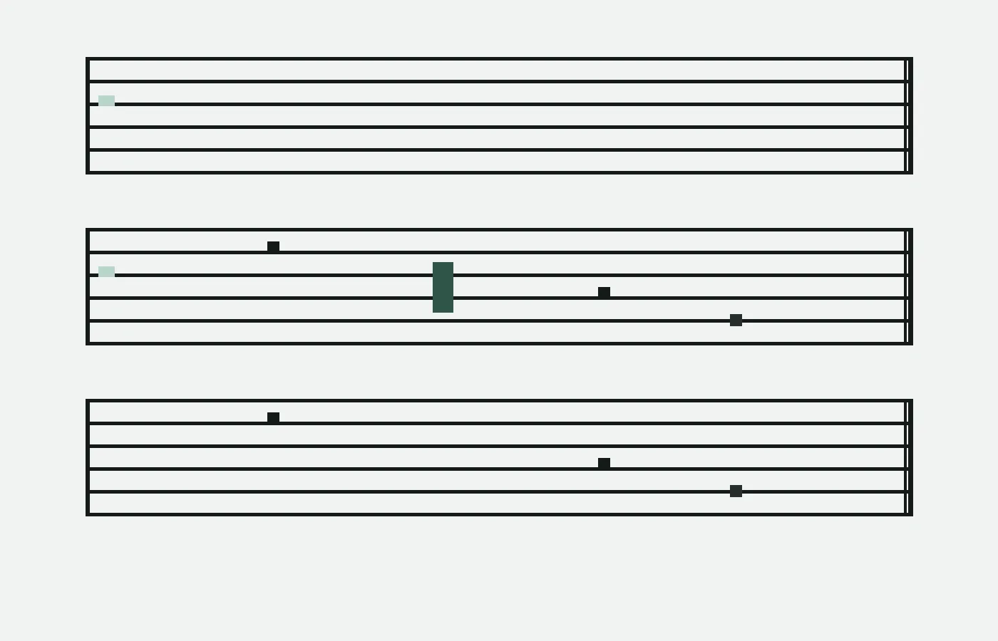 Abstract guitar tabs panel with stacked stave rows and umber fret accent on pine paper.